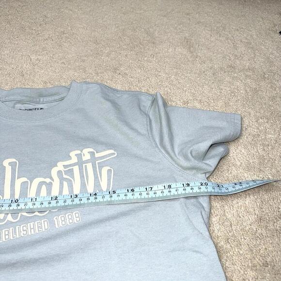 Carhartt Script Logo T-Shirt Sky Blue Loose Fit Wmns Size M Workwear Style Tee - Picture 6 of 7
